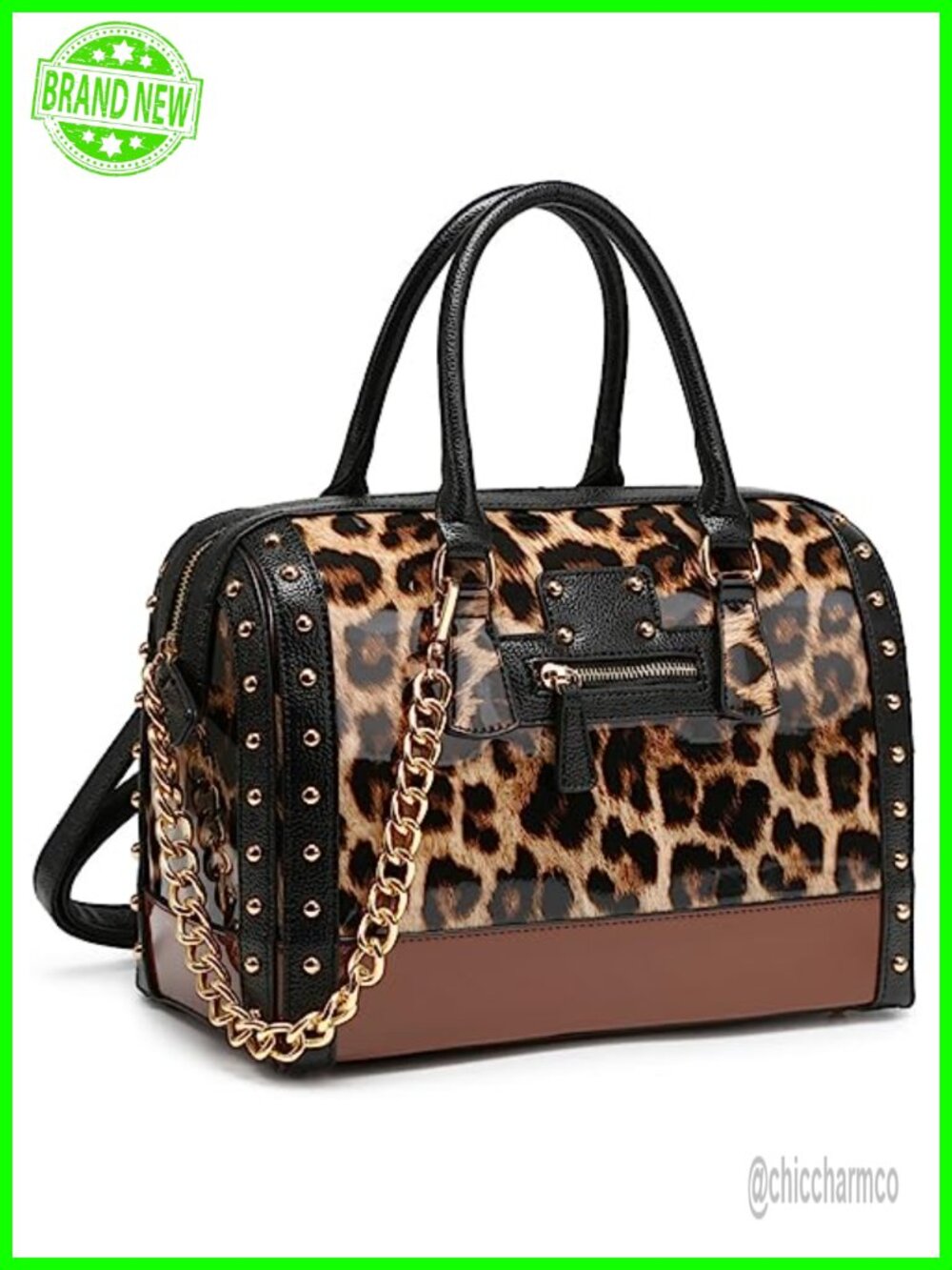Shiny Patent Faux Leather Barrel Satchel Handbag Rivet Top Handle Shoulder Purse